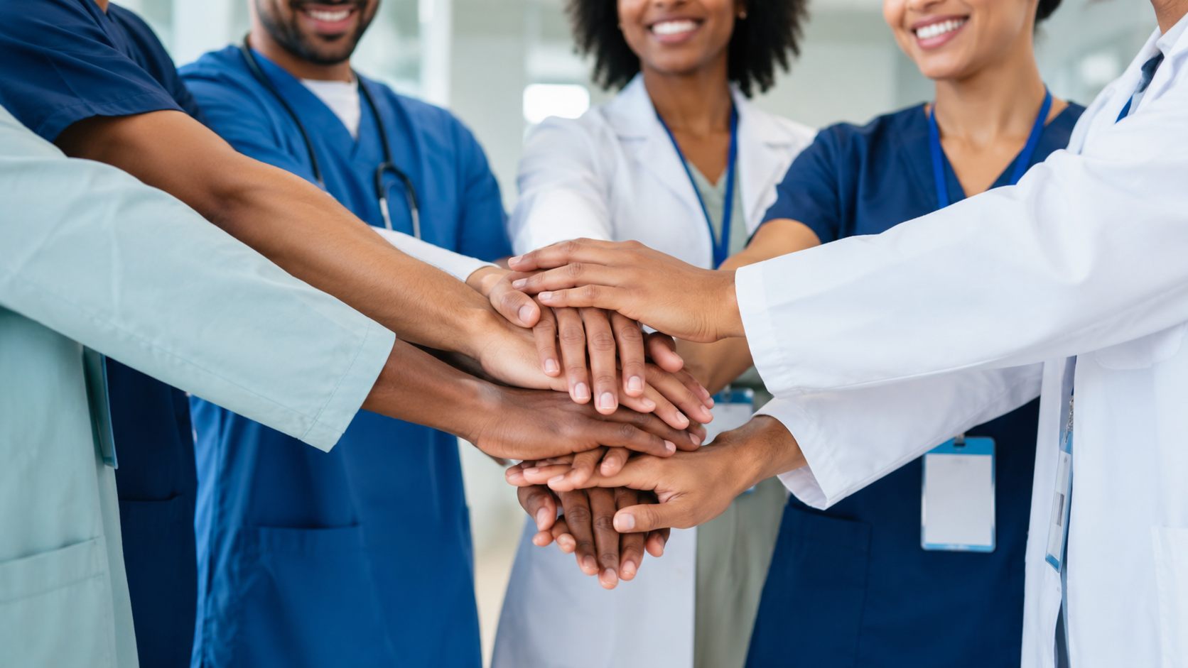 Care Plus team members — nurses, aides, and physicians — stacking hands in unity