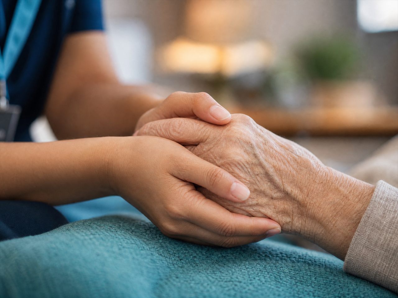 A caregiver gently holding an elderly patient's hand