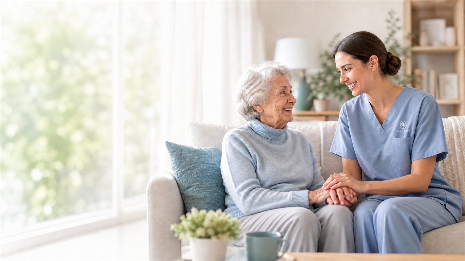 A hospice nurse holding the hand of a smiling elderly patient at home